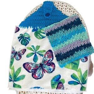 Handmade Butterfly Dish Cloth Tee Towel Cotton Blue Green Purple Kitchen Gift